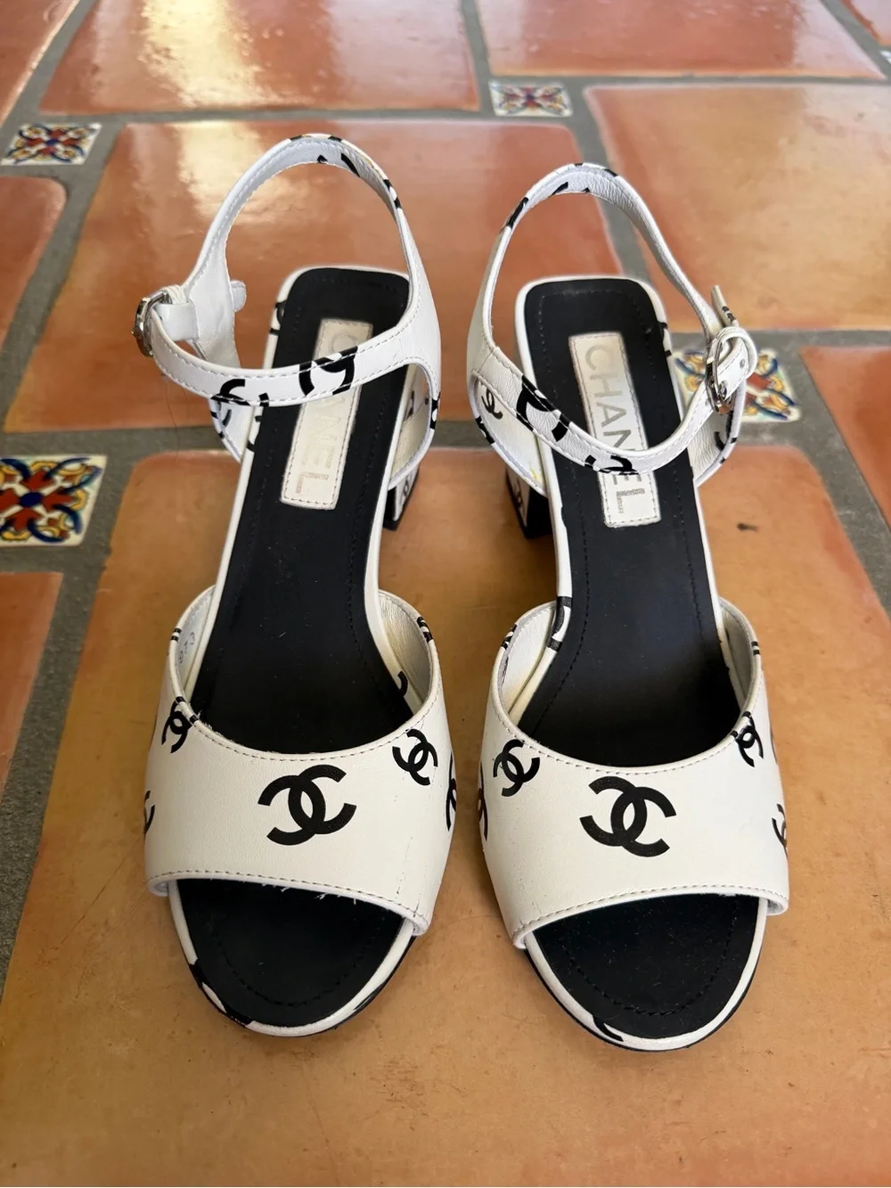 Coco Chanel White Logo Print Block Heel Sandals - Women